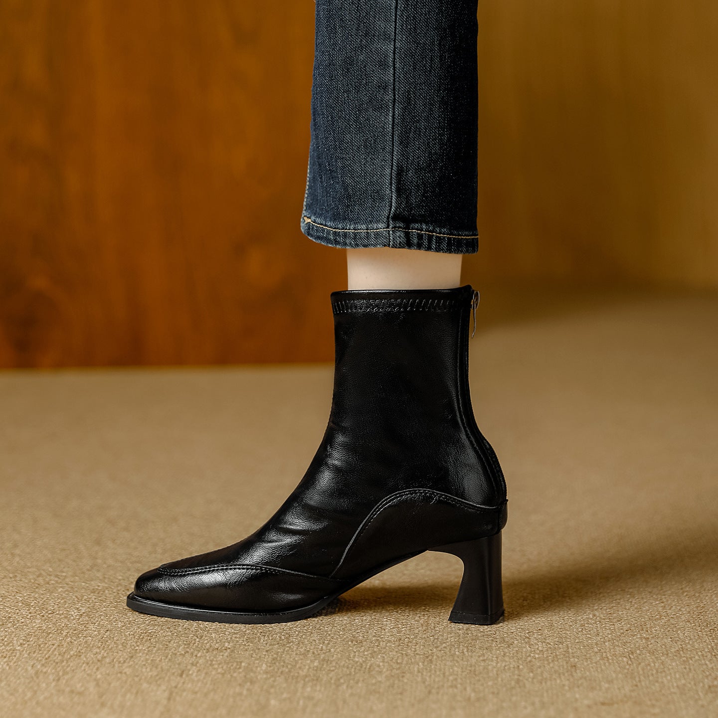 Women's Square Toe Booties Chunky Back Zip Soft Artistic Retro Style Women's Leather Boots