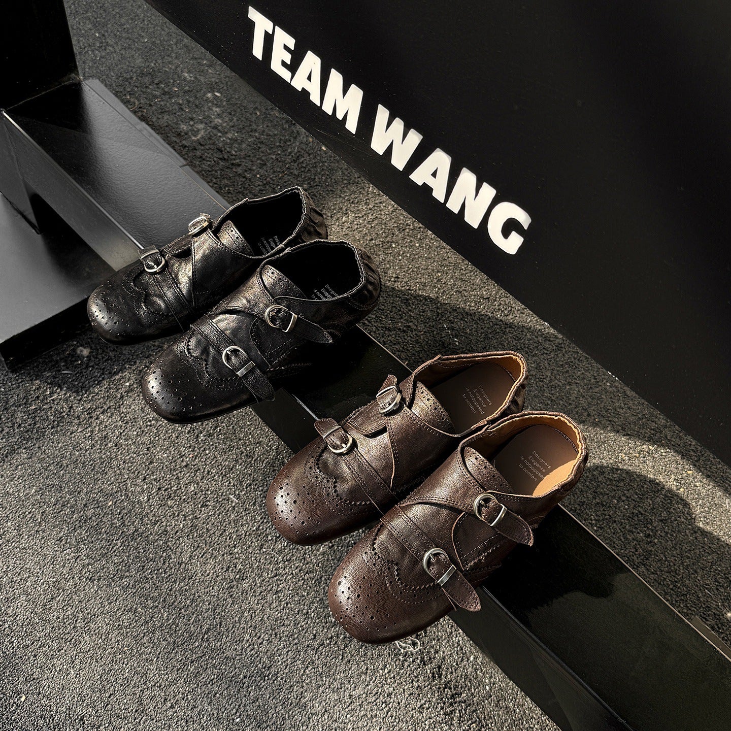 Style Brogue Double Buckle Sheepskin Female Leather Shoes