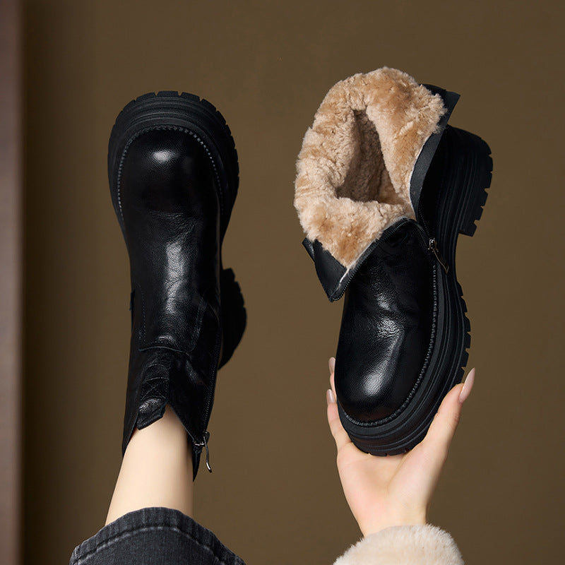 Women's Wool Cowhide Winter Fleece Lined Padded Warm Keeping Cotton Martin Women's Leather Boots