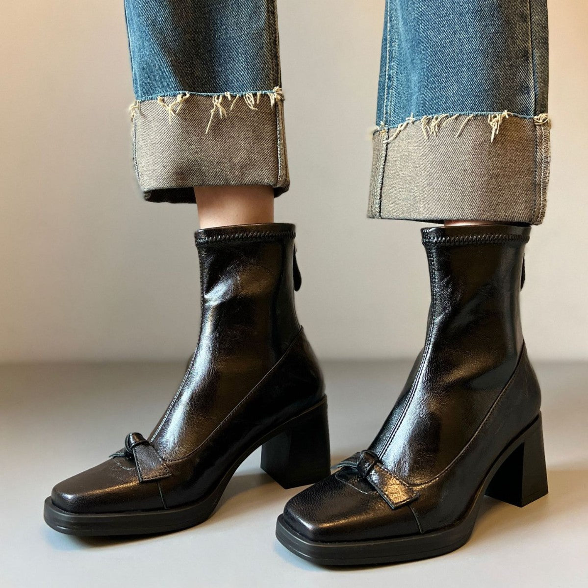 Square Toe Booties Bowknot Chunky Stretch Thin Versatile Mute Boots