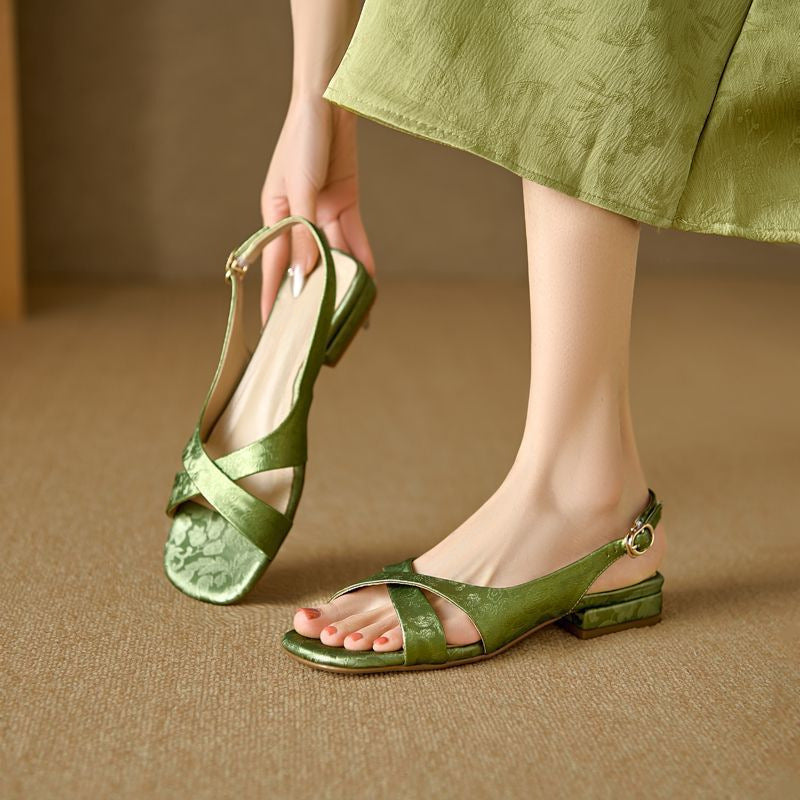 Women's Style Embroidery Square Toe Strap Hollow Pumps Women's Shoes