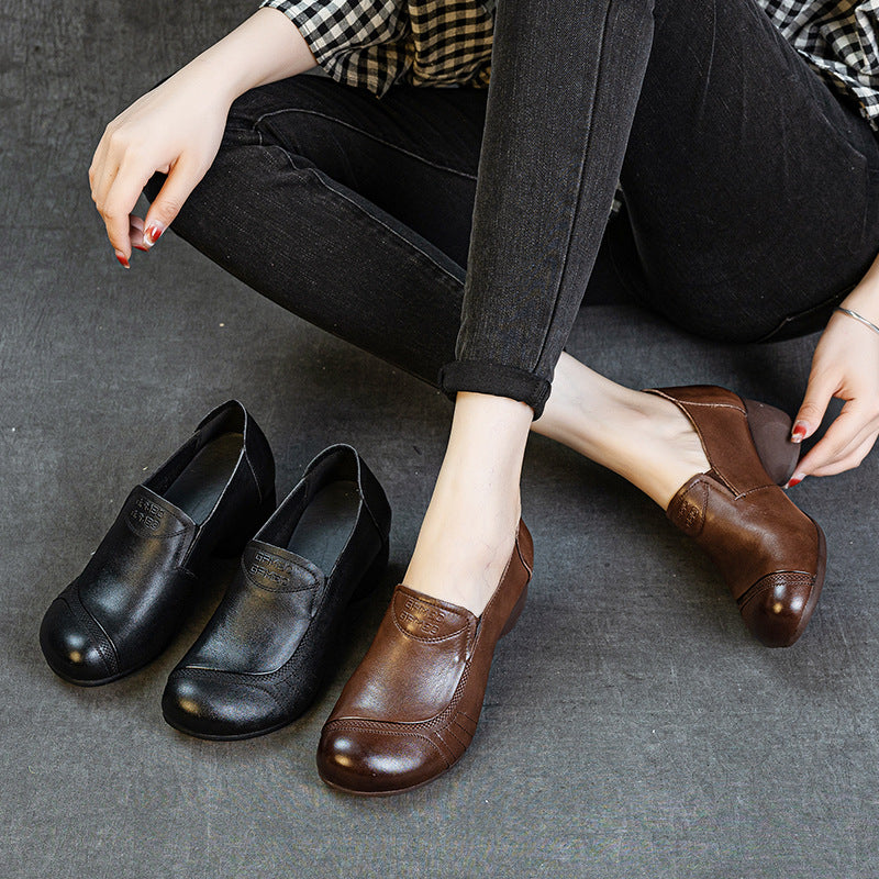 Women's Autumn Mid Top Layer Cowhide Slip-on Fashion Simple Deep Mouth Women's Casual Shoes