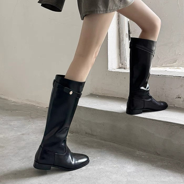 Women's Small Retro Black Tall Knight Belt Women's Leather Boots