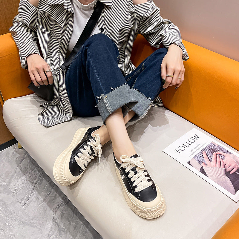 Women's Biscuit White Genuine Four Black Puff Contrast Color Sneakers