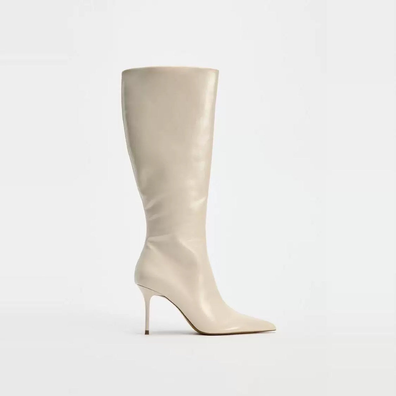 White Stiletto Sexy Pointed Toe Below The Knee Big Women's Leather Boots