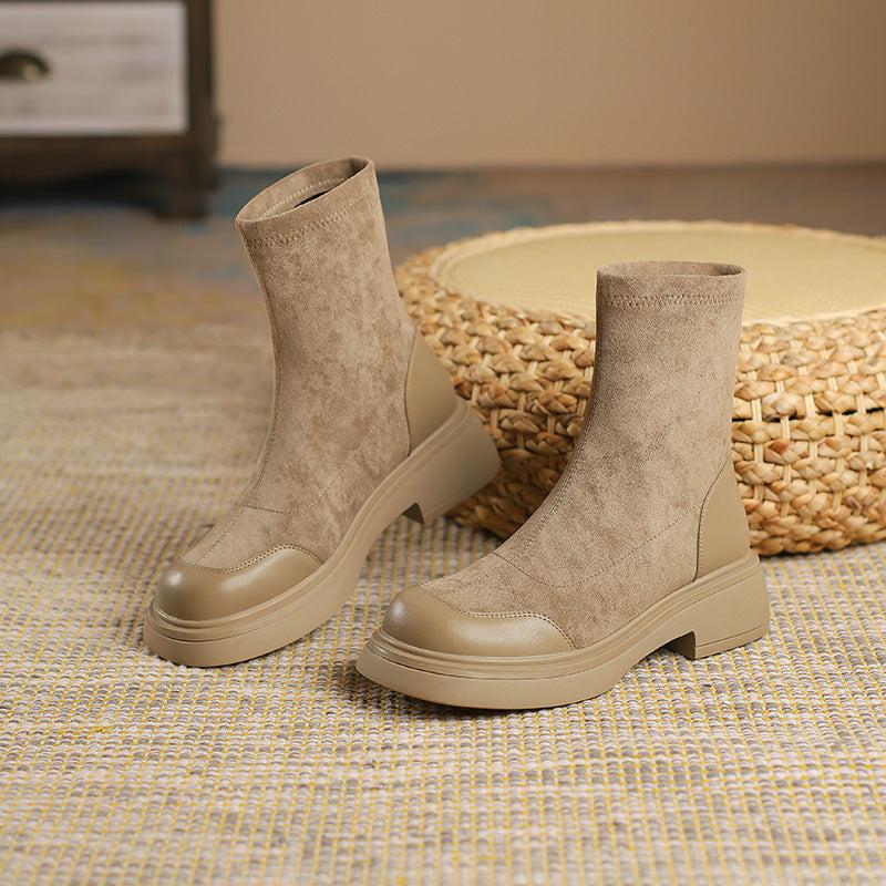 Women's Short Martin Retro Stretch Knight Platform Women's Leather Boots