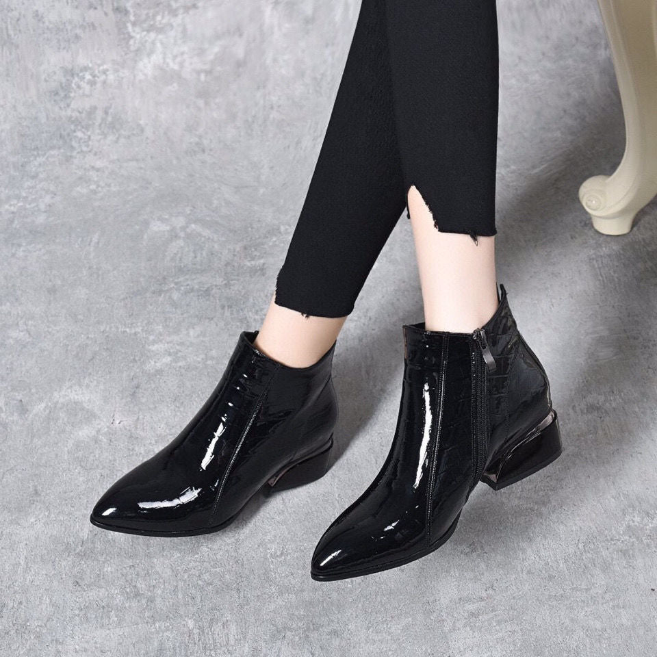 Women's Short Patent Cowhide Single Low Martin British Women's Leather Boots