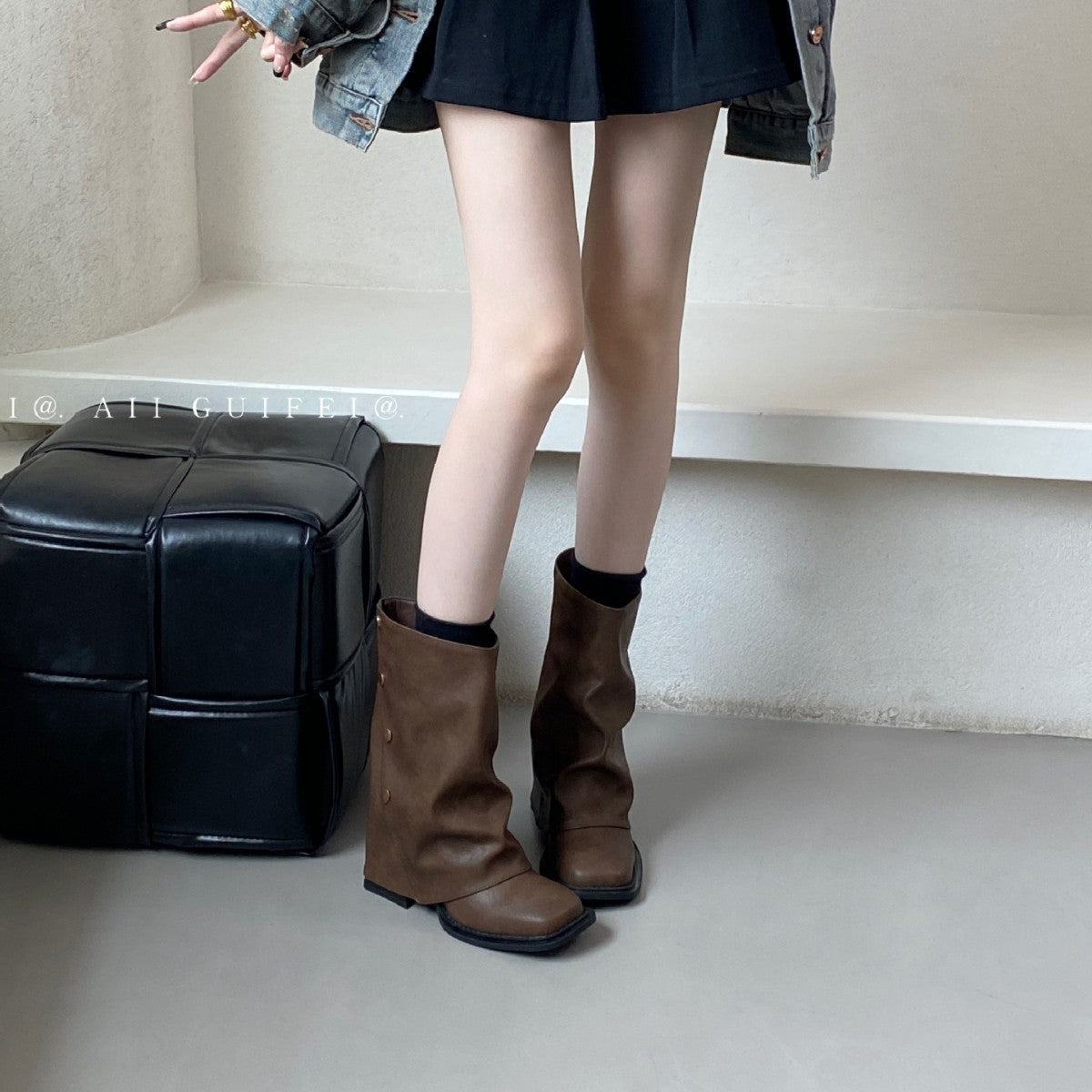 Square Toe Chunky Short Female French Boots