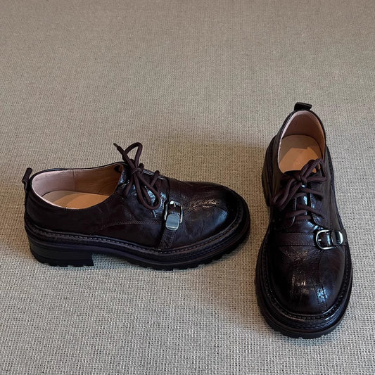 Women's Thick-soled Metal Strap British Small Black Leather Shoes