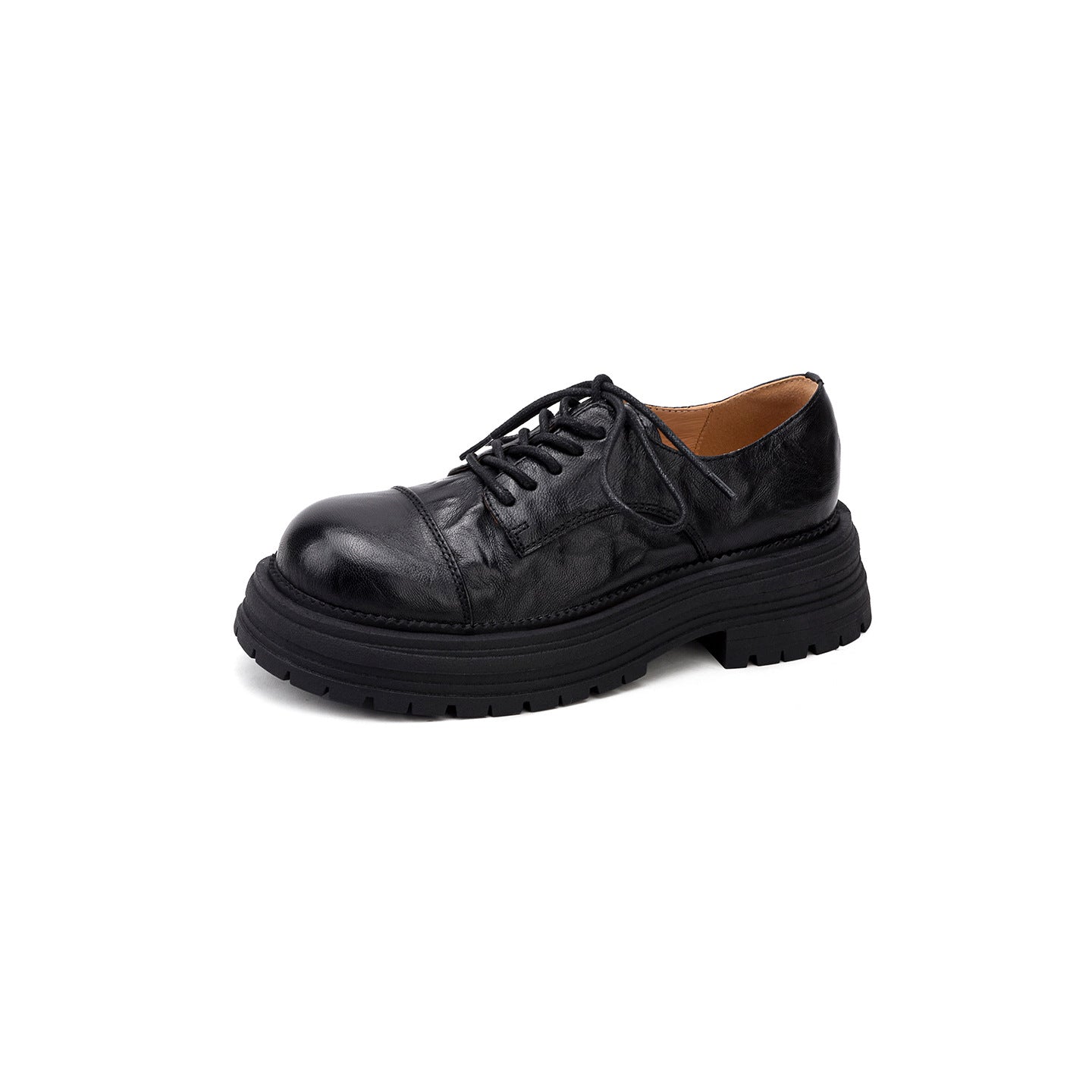 Women's Platform Round Head British Style Retro Lace Up Chunky Single-layer Loafers