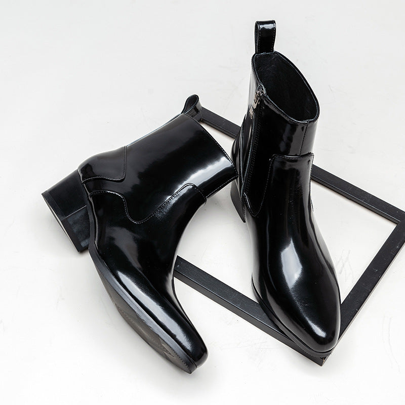 Men's Winter Black Pointed Genuine Elevator Zip Boots