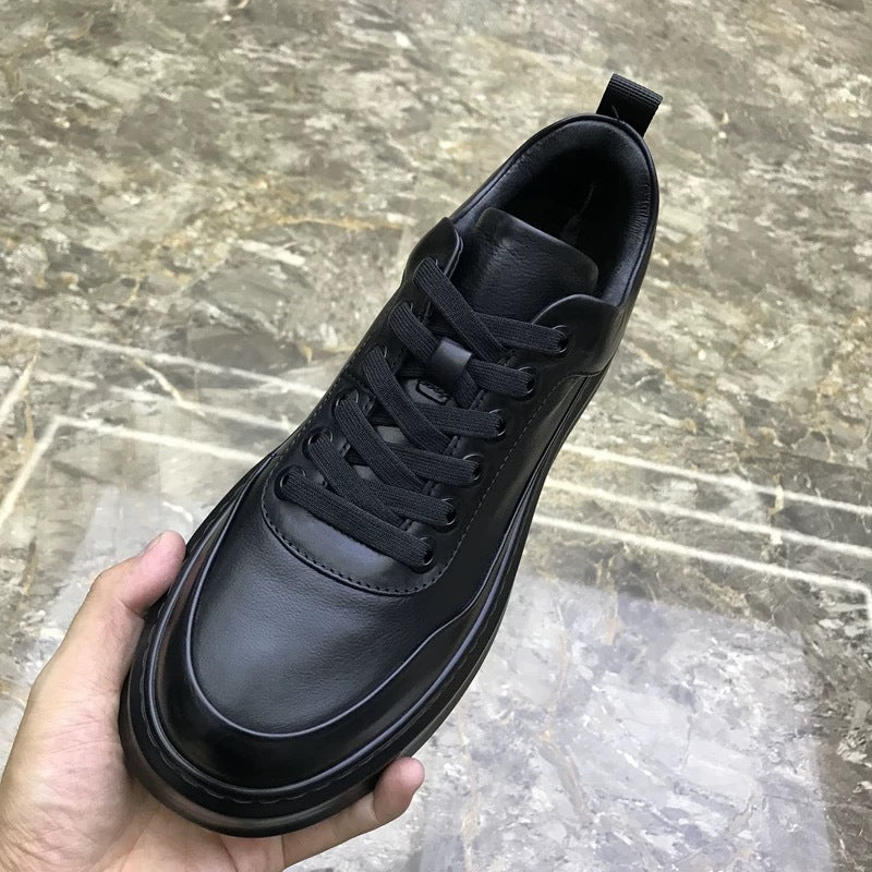 Men's Cowhide Autumn Pure Black Soft Bottom Men's Board Shoes