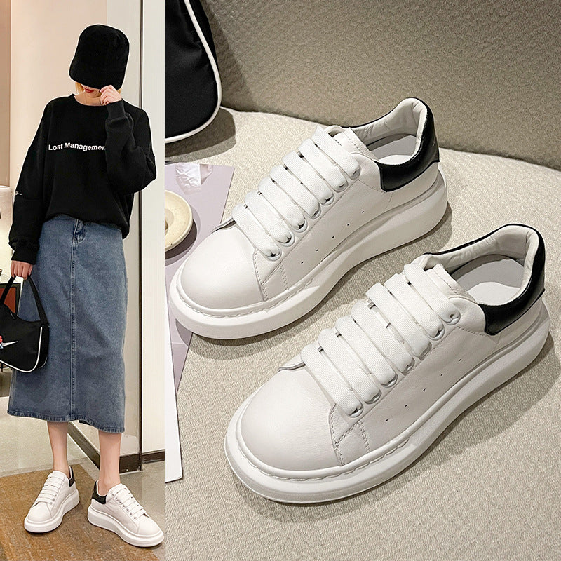Women's & Men's First Layer Cowhide Easy Wear Spring Platform Lace Up Round Men's Shoes
