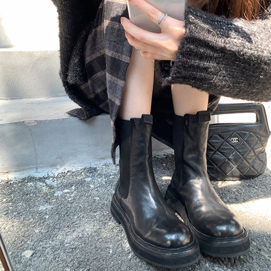 Women's Head Thick Bottom British Style Chelsea Short Pleated Smoke Pipe Boots