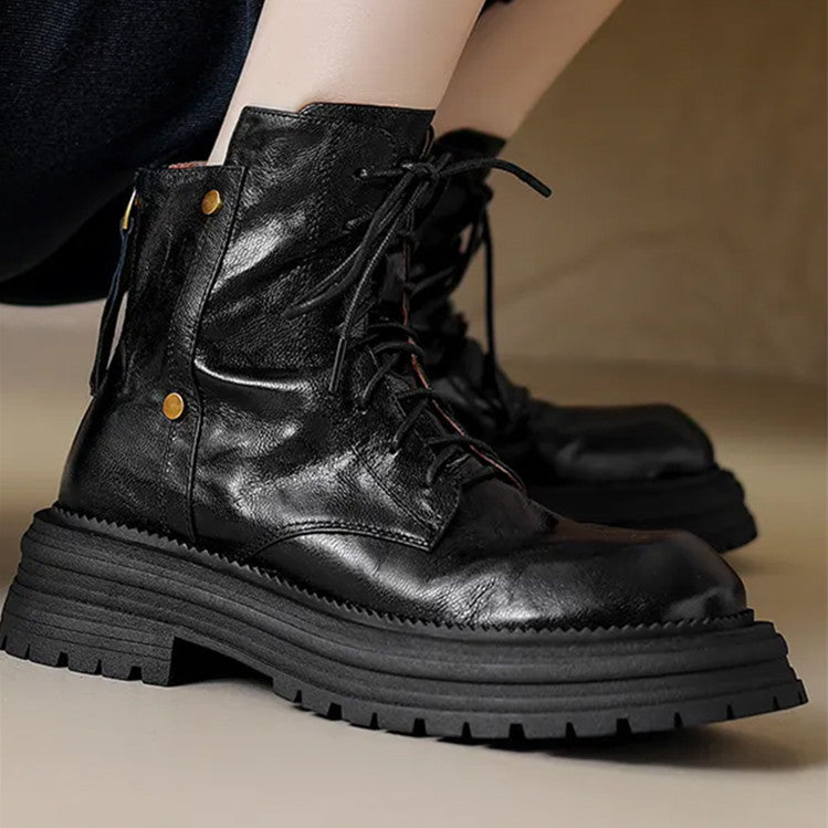 Women's To Wear Sheepskin Thick Bottom British Style Martin For Brown Women's Leather Boots