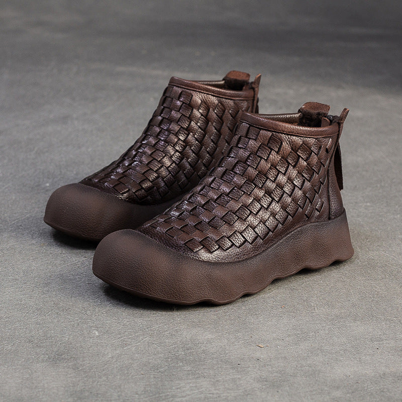 Women's Handmade Weave Vintage Booties Comfortable Platform Women's Leather Boots