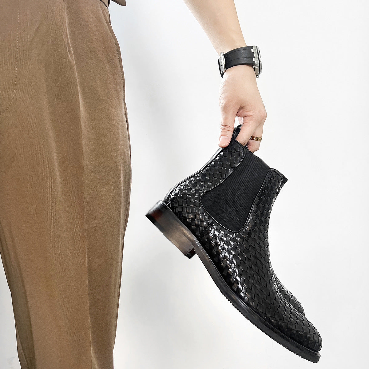 Men's Cowhide Hand-woven Korean Chelsea Ankle Boots