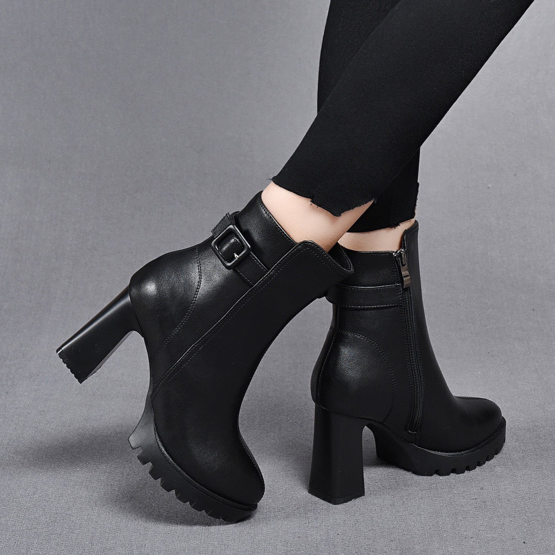 Women's Chunky High Short Winter Platform Genuine Wool Fleece Lined Women's Leather Boots