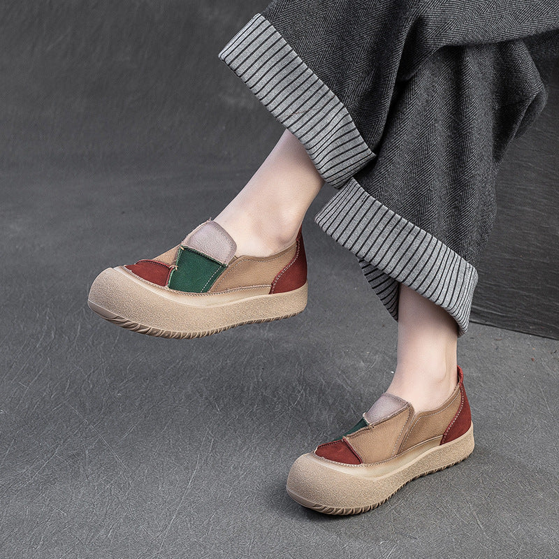 Women's Matching Patch Top Layer Cowhide Comfortable Men's Shoes