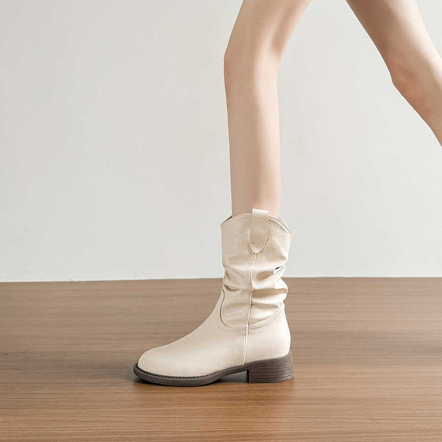 Women's Retro White Ankle Chunky Pleated Pile Style Hight Increasing Women's Leather Boots
