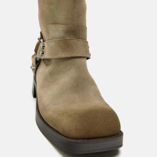 Women's Spring Suede Motorcycle Popular Square Toe Boots