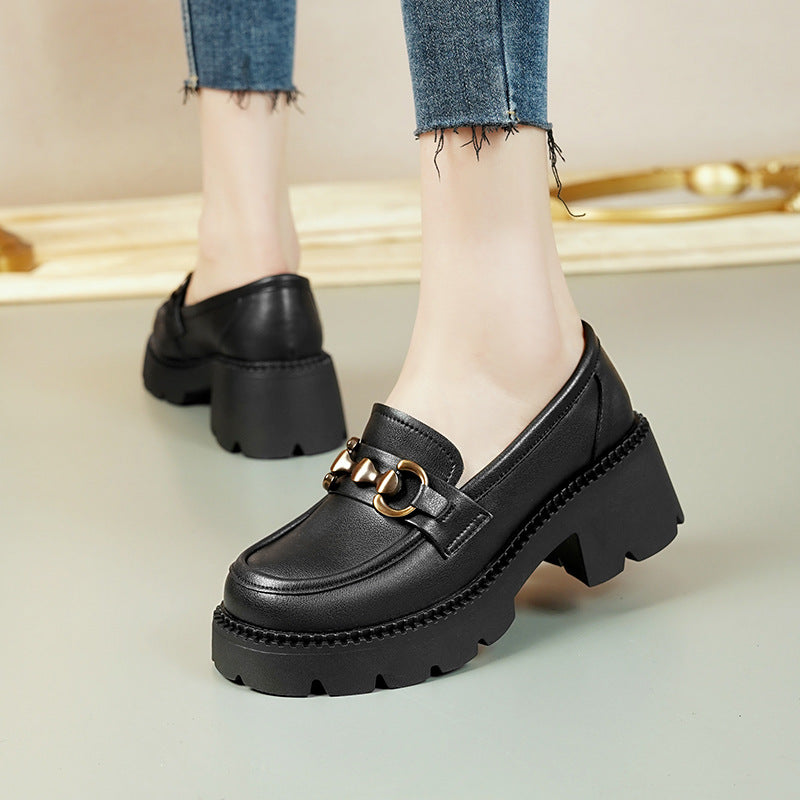 Women's Cowhide Black Patent Platform Thick Bottom Heightened Women's Casual Shoes