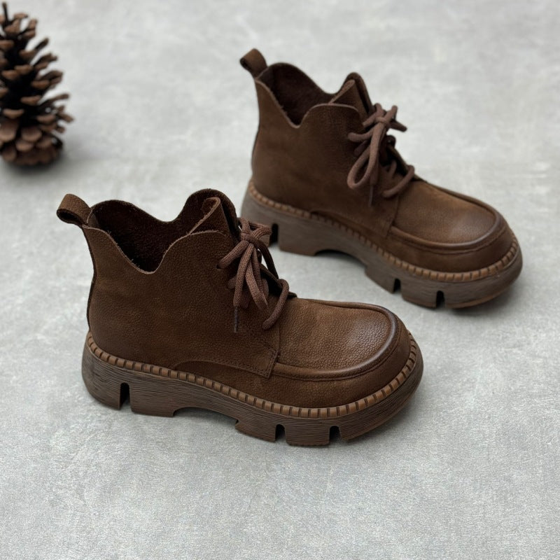 Handmade Genuine Ankle Retro Artistic Platform Round Toe Lace Up Boots