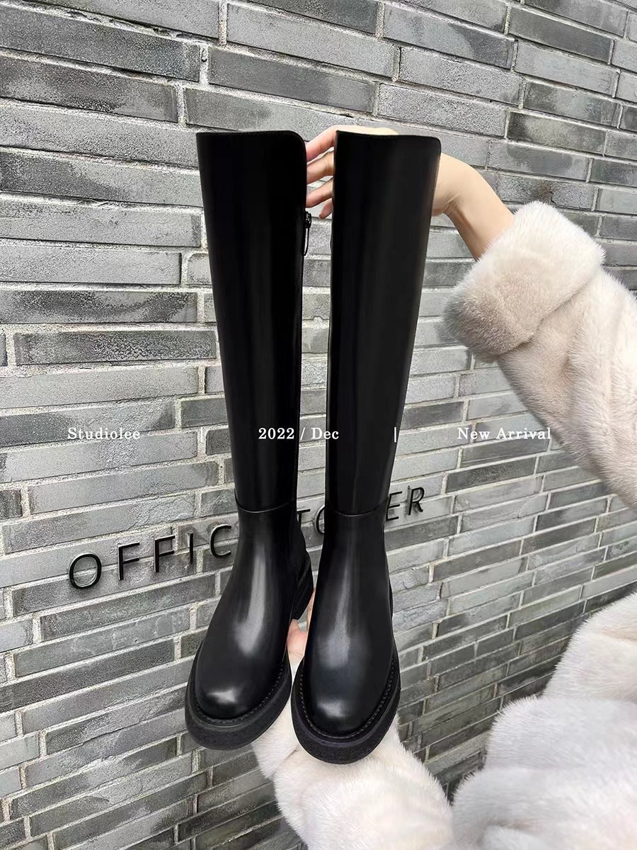 Women's Cowhide Winter Thick Bottom Small Elastic Knight Women's Leather Boots