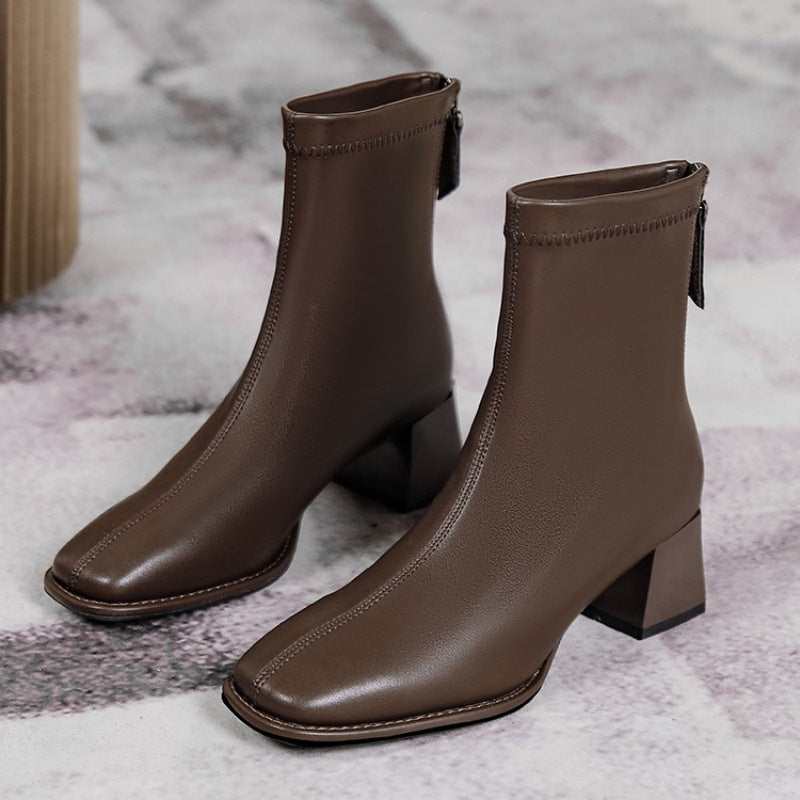 Women's Thin Fleece-lined French Style Booties Chunky Boots