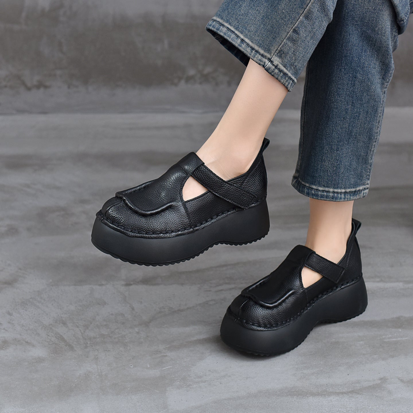 Women's Retro Cowhide Platform Heighten One Pedal Loafers