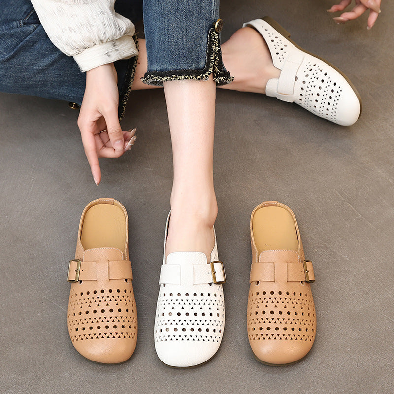 Women's First Layer Cowhide Flat Soft Bottom Breathable Summer Hole Genuine Women's Casual Shoes