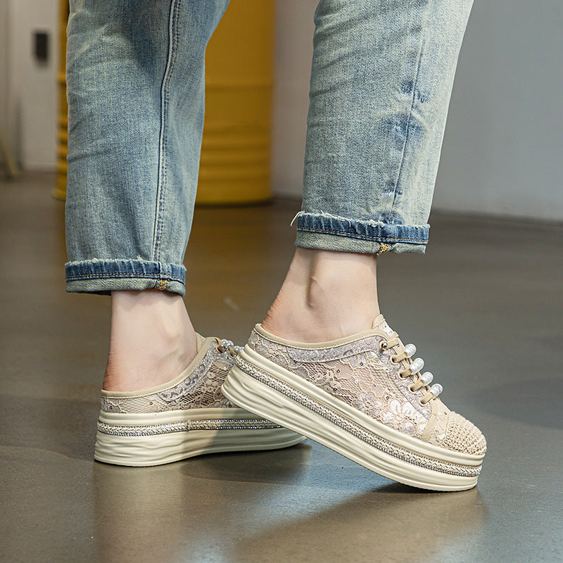 Women's Closed Toe Half Summer Wear Lace Mesh Breathable Thick Slippers