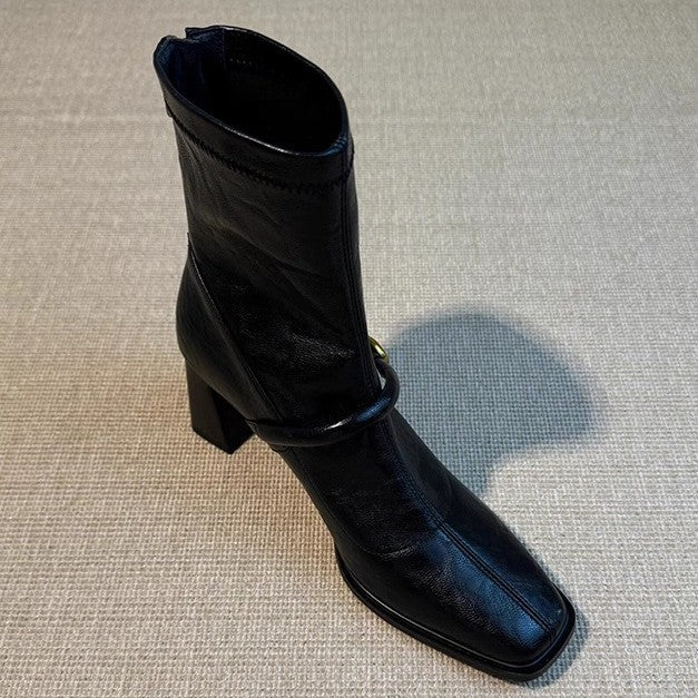Women's Chunky Square Toe High-heeled Skinny French Retro Women's Leather Boots