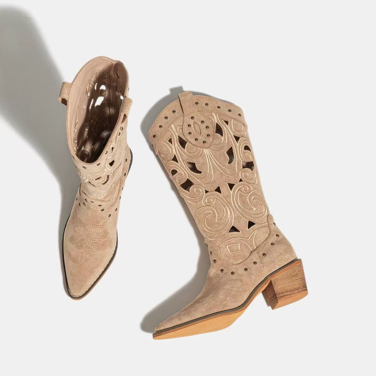 Women's Hollow Out Thick High Western Cowboy Embroidery Mid Retro Frosted Boots