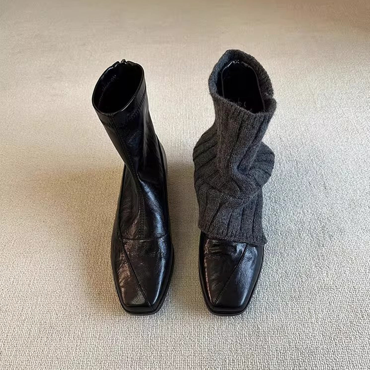 Women's Version Genuine Minimalist Commute Short Slimming Back Zipper Chunky Square Women's Leather Boots