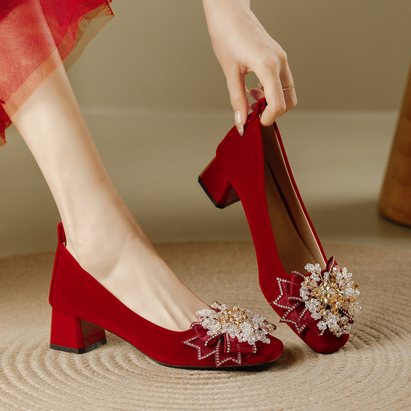 Women's Rhinestone Chunky Red High Square Toe Women's Fashion Shoes