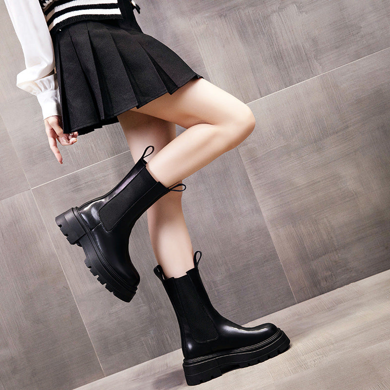 Women's British Style Thick-soled Slimming Smoke Pipe Height Women's Leather Boots