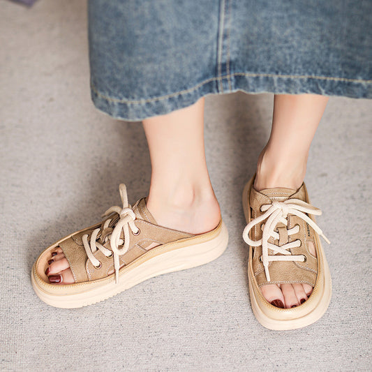 Women's Summer Retro First Layer Cowhide Leisure Slippers