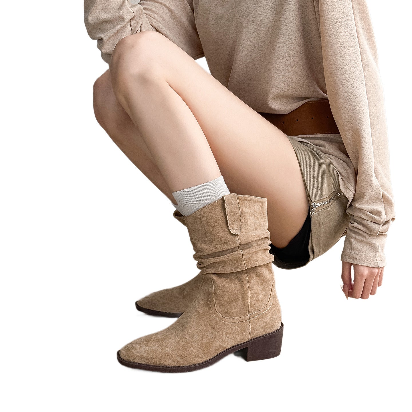 Women's Increasing Insole Suede Western Pile Style Retro Small Thick Middle Women's Leather Boots