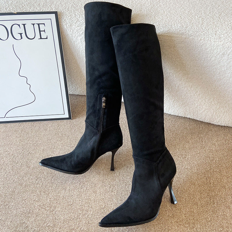 Women's Suede Pointed Toe Stiletto Pleated Pile Women's Leather Boots