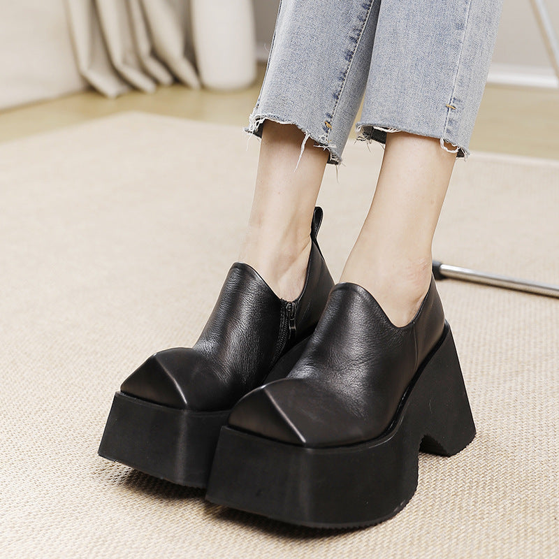 Retro Square Head Solid Color Genuine Platform Female Women's Fashion Shoes