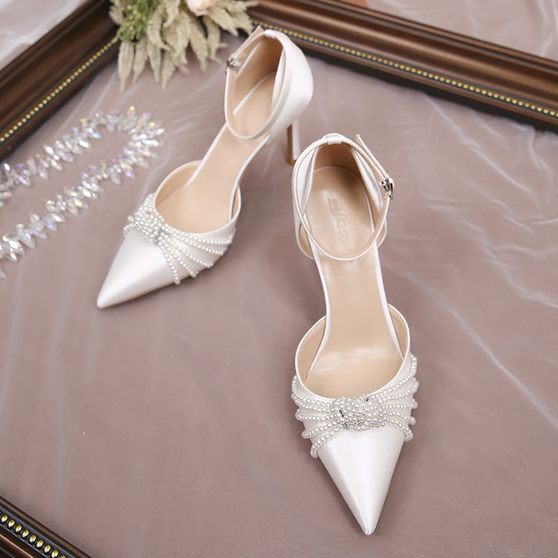 Women's Pearl Pointed Toe Stiletto Buckle Strap High Sexy Satin Pumps Heels
