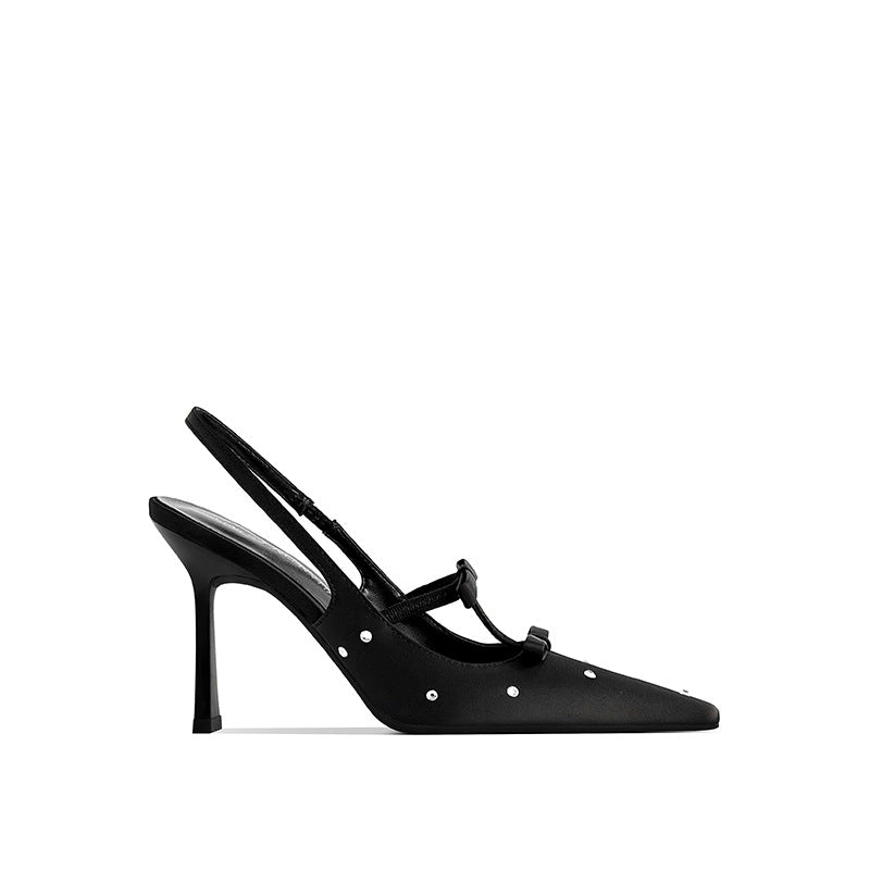 Design Rhinestone Bow Sexy Black Stiletto Square Toe Beautiful Heels