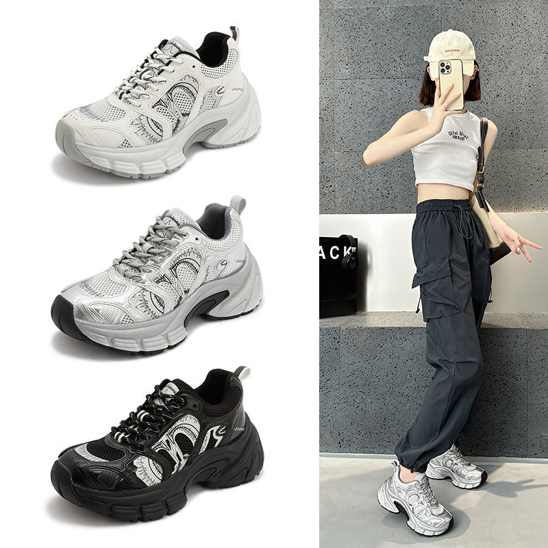 Mesh Surface Platform Height Increasing Lace Up Dad Female Women's Sports Shoes