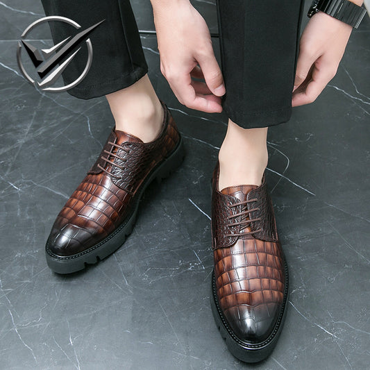 Men's Big Head Crocodile Pattern Green Hair Leather Shoes