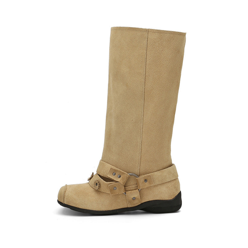 Women's Minority Square Toe Belt Rivet Button Women's Leather Boots