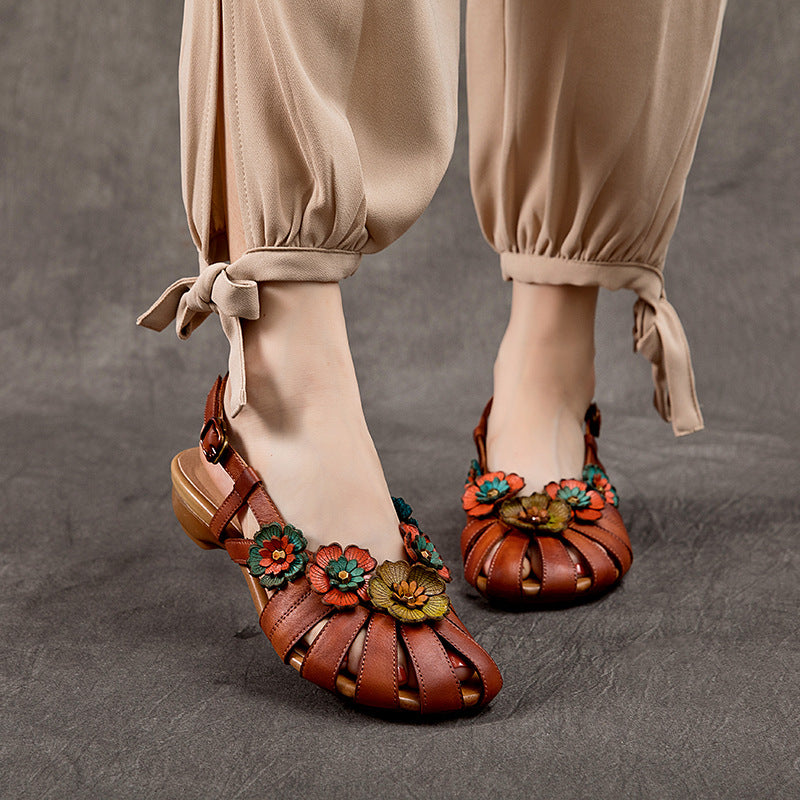 Women's Genuine Low Closed Toe Flower Ethnic Style Comfortable Flat Sandals