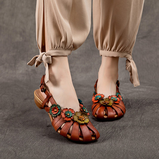 Women's Genuine Low Closed Toe Flower Ethnic Style Comfortable Flat Sandals