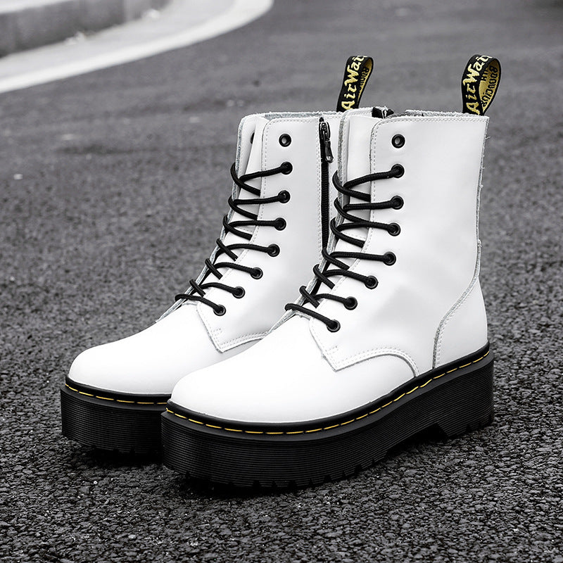 Women's Platform Martin Side Zipper Cattlehide Middle Women's Fashion Shoes