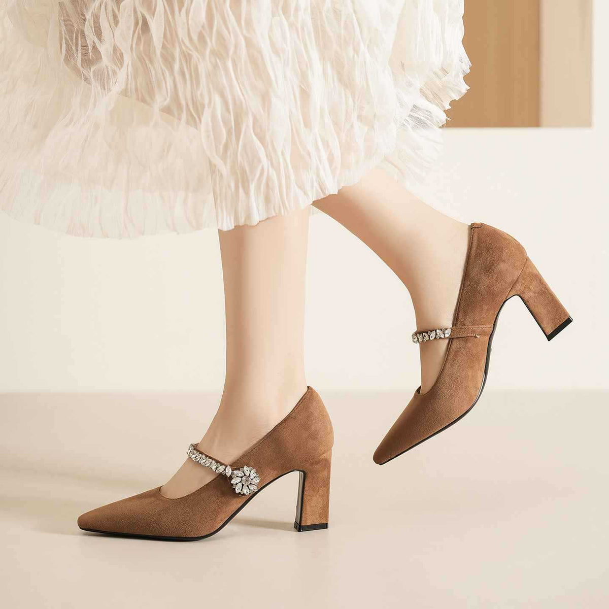 Women's French Style Temperament Crystal Mary Jane High Suede Women's Fashion Shoes